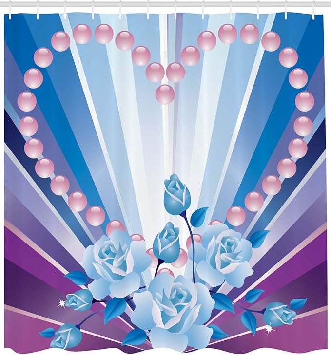 Ambesonne Pearls Shower Curtain, Valentine's Day Theme Art Roses Heart on Striped Bridal Backdrop, Cloth Fabric Bathroom Decor Set with Hooks, 69" W x 75" L, Blue Purple Pink