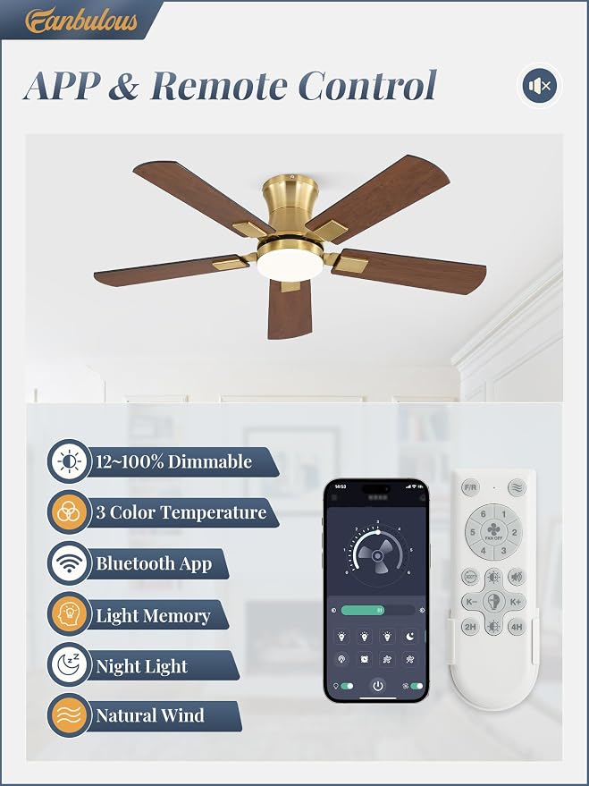 Fanbulous 42 inch ceiling fan with light, Low Profile Ceiling Fan with Light, App&Remote Control, Dimmable LED Light, Flush Mount Ceiling Fan for Indoor Bedroom Living Room, Qiuet DC Motor