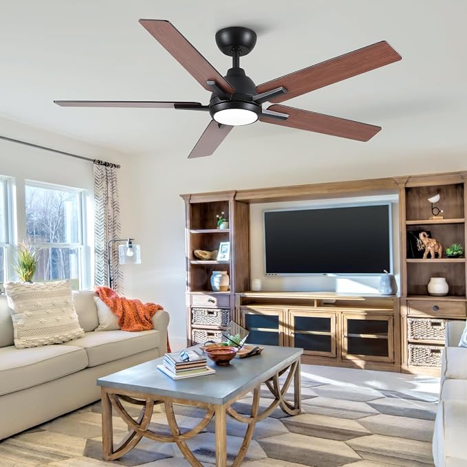 Sevenine 52 Inch Downrod Black Ceiling Fan with Light & Remote, ETL Listed | Easy Installation, 6 Speed, Quiet DC Motor, 3-Level Timer Function, 3 Color Temperature, Forward/Reserve For all Seasons