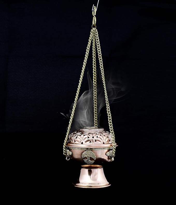 Indian Consigners Copper Altar Incense Charcoal Burner Holder with Chain (Tree of Life)