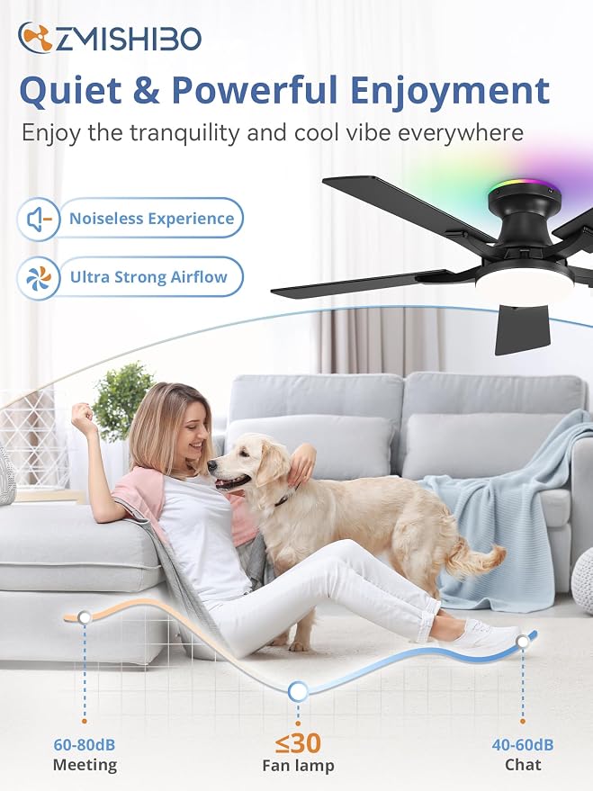 ZMISHIBO 42 Inch Ceiling Fans with RGB Lights, Low Profile Flush Mount Ceiling Fan with Alexa/App/Remote, Dimmable 20W LED Light, Black Modern Fan for Living Room, Bedroom, Game Room