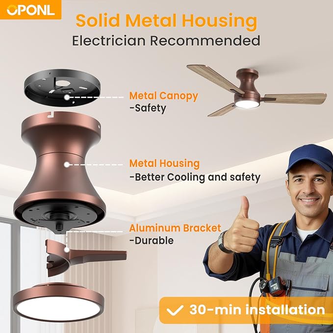OPONL Ceiling Fan with Light, 42 inch Low Profile Ceiling fan with Light and Remote Control, Reversible, 6CCT, Dimmable, Noiseless, Brown Ceiling Fan for Bedroom, Indoor/Outdoor Use, Modern