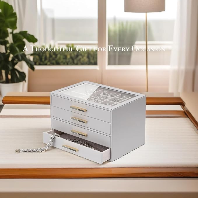 VLANDO 4-Drawer Jewelry Box with Glass Lid, Faux Leather Organizer for Rings Earrings Necklaces and More, Gift-Ready Jewelry Case for Women Girls or Moms, Grey