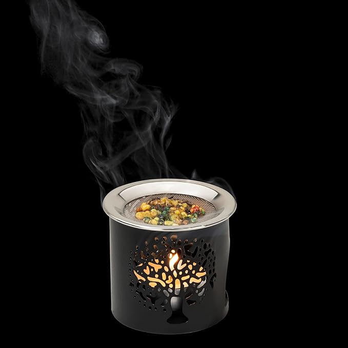 Handmade Black Iron Incense Burner/Incense Censer with Stainless Steel Sieve – 2.36-Inch Height Featuring Tree of Life Motif – Ideal for Aromatherapy and Tea Light Burning. Tealight Included