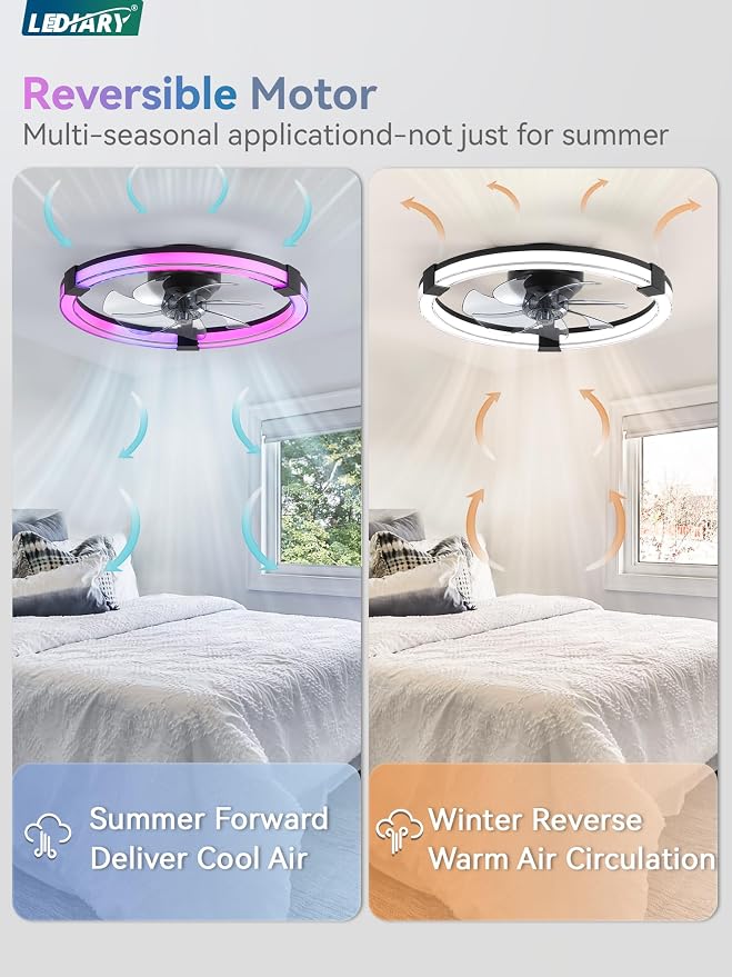 LEDIARY Ceiling Fan with Light,20inch Low Profile Fandelier with Remote RGB | Black RGB,6 Speeds, Reversible DC Motor, Dimmable Flush Mount Fan Light, Modern fans for Bedroom