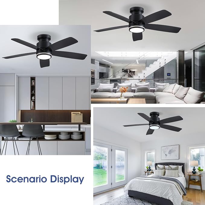 Wiviniya 46 Inch Black Flush Mount Ceiling Fan with Light, 5 Blades Reversible Fan, 6-Speed & 2-Hour Timer, Remote Control, 3 CCT Dimmable for Living Room Bedroom