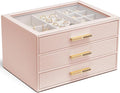 VLANDO Jewelry Box for Women, Glass Lid Jewelry Organizer with 3 Drawers for Necklaces Rings Earrings Bracelets Mother Day Gift for Mom - Dark Pink