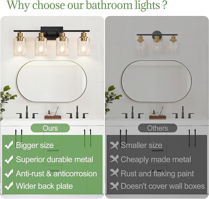 Indoi 4-Light Bathroom Light Fixtures, Black and Gold Modern Vanity Lights with Clear Glass Shades, Bathroom Wall Lamp for Mirror Living Room Cabinet Bedroom Porch