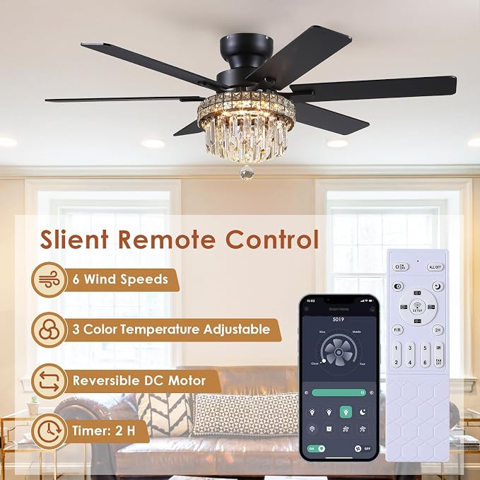 Asyko 52" Low Profile Crystal Ceiling Fans with LED Lights and Remote/APP | Supports Remote and APP,Reversible 6 Wind Speeds,30W Quiet DC Motor,6 Wood Blades,Dimmable 30W LED,Suits for Bedroom Kitchen