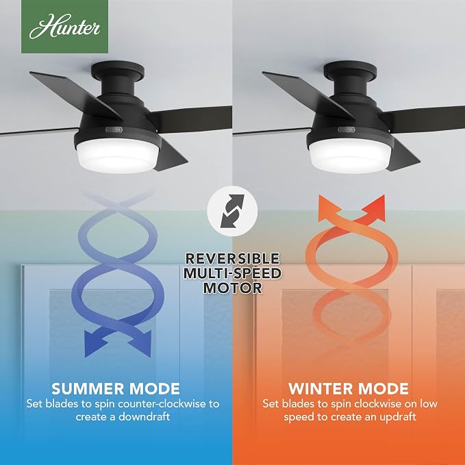 Hunter Dempsey, Indoor, Ceiling Fan, Modern, Quiet, 44 inch, Matte Black | with LED Light and Remote Control, Low Profile Mount, 4 Blades, For Bedroom, Living Room, Kitchen, 52390