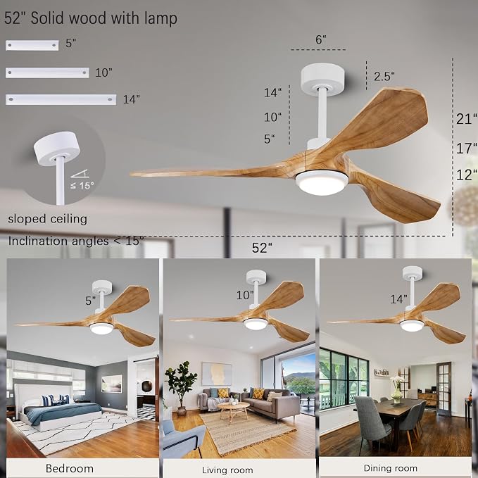52" Solid Wood Ceiling Fan With Light,Silent Reversible Dc Motor And Remote | tung wood blades, copper dc motor,6-speed reversible remote, 1500lm led light, under 30db quiet,2 downrods for indoor outdoor