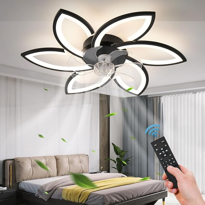 30" Geometric Ceiling Fan with Light Remote Control, 6 Speeds 3 Colors, Black Low Profile Flush Mount Ceiling Fan for Bedroom Kitchen Living Room