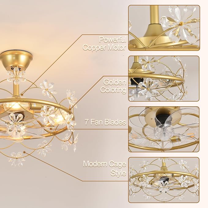 Depuley Bedroom Ceiling Fan with Lights: 20" Gold Chandelier Small Fan with Remote Control - Modern Flower Fandelier for Girl's Bedroom Living Room Kitchen