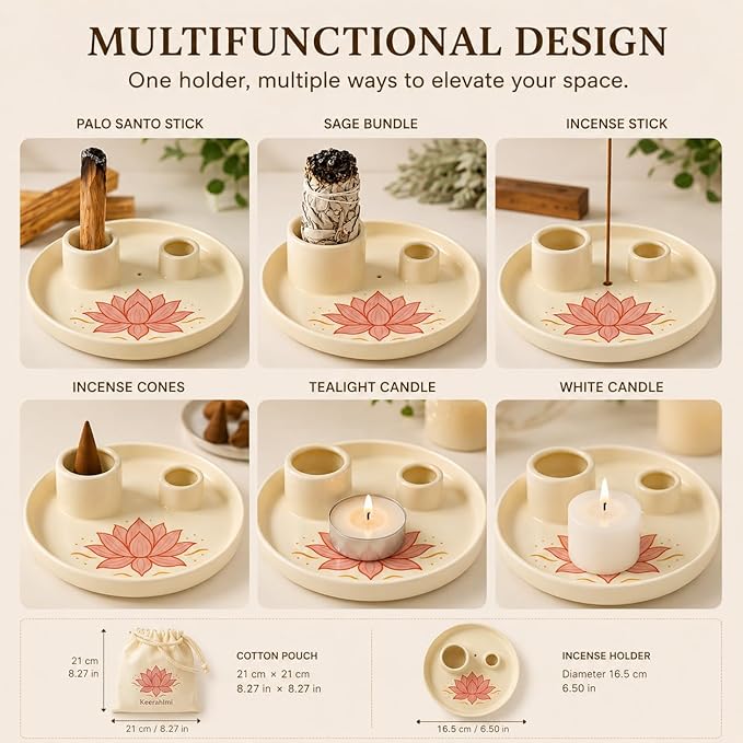 Incense & Palo Santo Holder – 6.5'' Ceramic Sage Burner for Sticks, Bundles, Cones, Candle & Tealight with Ash Catcher – Jewelry Tray, Smudge Pot, Home Décor, Meditation Gift (Pink Lotus)