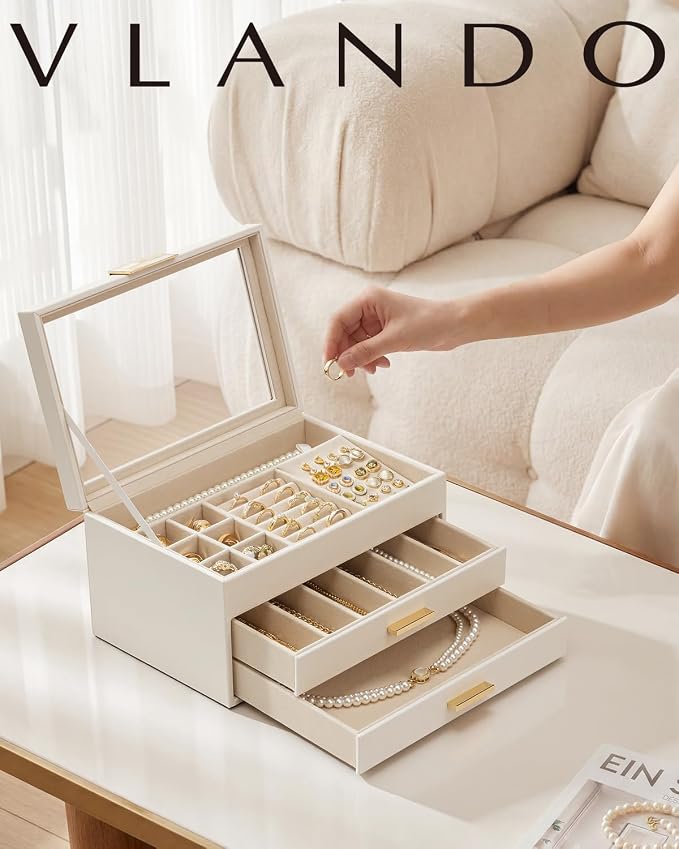 VLANDO Jewelry Box Organizer for Women, 3-Layer Jewelry Storage Case with Glass Lid, Gold Handle, 2 Drawers for Rings, Earrings, Necklaces and Bracelets - Cloud White
