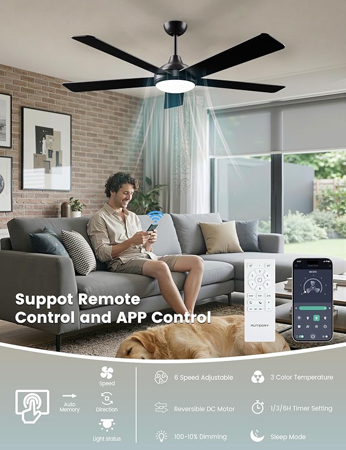 60 Inch Ceiling Fans with Lights and Remote/App Control: Black Ceiling Fan with Light, Quiet Reversible DC Motor, Dimmable Tri-Color LED, Modern Ceiling Fan for Bedroom/Patio, Indoor/Outdoor