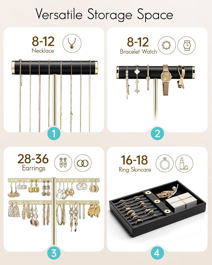 VLANDO 3 Tier Necklace Holder Organizer with Tray, Leather Bracelet Holder Display for Women, Gold Jewelry Stand for Bracelet, Necklace, Earrings, Rings - Black