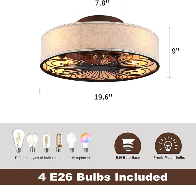 Caged Ceiling Fans with Lights Flush Mount,Low Profile Ceiling Fan with Remote,20 Inch Farmhouse White Ceiling Fan for Bedroom,6 Speeds Reversible Silent Fandalier(Include 4 Bulb)