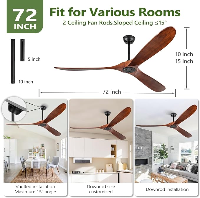 72 Inch Solid Wood Walnut Ceiling Fans No Lights Remote Control, Large Big Outdoor Real Wood Ceiling Fans Without Lights 3 Blades Craftmade Quiet for Patio Farmhouse Living Room Office