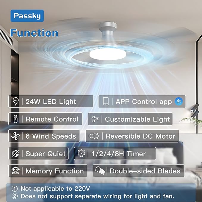 Passky Ceiling Fans with Lights, 60 inch Flush Mount Ceiling fan with Remote Control, Low Profile Ceiling Fan for Bedroom, Farmhouse, Reversible, 3CCT, Dimmable, Noiseless DC Motor, Silver