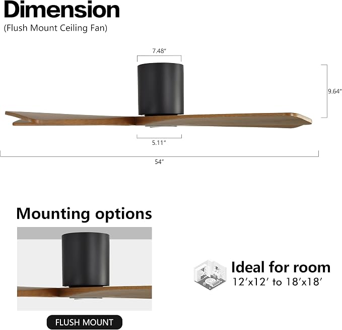 WINGBO 54 Inch Flush Mount DC Ceiling Fan without Lights, 5 Reversible Carved Wood Blades, 6-Speed Noiseless DC Motor, Hugger Ceiling Fan No Lights in Matte Black Finish with Walnut Blades, ETL Listed