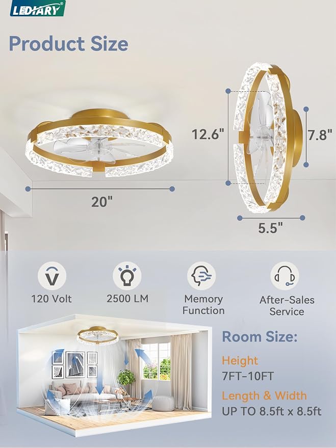 LEDIARY 2 Pack 20 Inch Ceiling Fans with Lights and Remote, Fandelier Modern Low Profile Ceiling Fan, 3000K-6000K Dimmable LED Fan Light, Gold Flush Mount Ceiling Fans with Lights for Bedroom