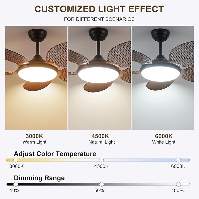 48"Tropical Style Palm Leaf Ceiling Fans with LED Lights and Remote & APP | Supports Remote and APP, 6 Wind Speeds, Reversible, Dimmable 3CCT LED, 35W Quiet DC Motor,Suits for Bedroom Kitchen