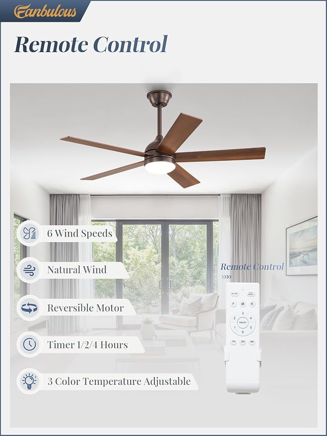 Fanbulous 48 Inch Ceiling Fan with Light and Remote, Brown Ceiling Fans with Light, 5 Dual-Color Blades, Reversible Quiet DC Motor, 6 Speeds, 3CCT Adjustable LED for Bedroom Living Room Kitchen Patio