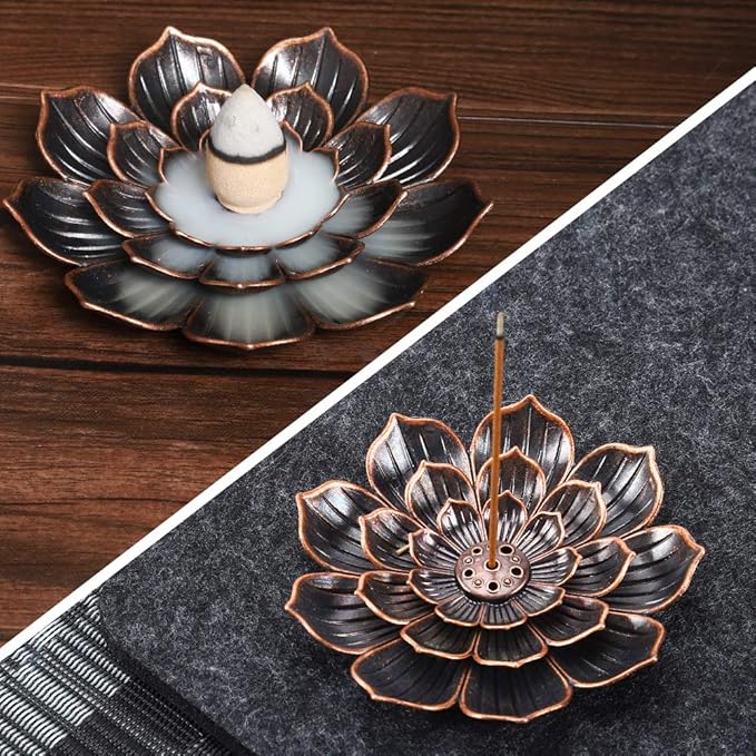 Accmor Zinc Alloy Incense Holder, Lotus Stick Incense Burner, Incense Holder for Stick/Coil/Cone Incense with Ash Catcher,Copper