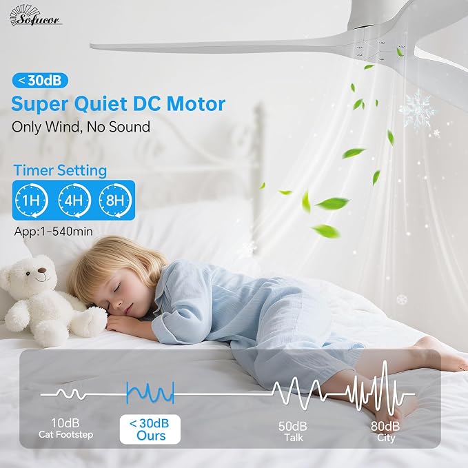 Sofucor 52" Smart Ceiling Fan No Light, Solid Wood Low Profile Ceiling Fan with Remote, Flush Mount Ceiling Fan Works with Alexa/Google/App 6-Speed Timing Reversible DC Motor for Living Room Bedroom