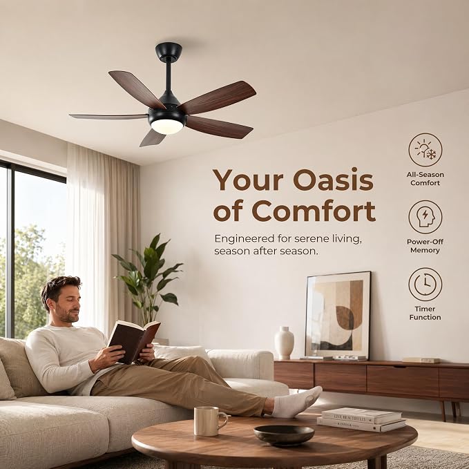 Ceiling Fans with Lights and Remote Control, 42 Inch Ceiling Fan with Light for Bedroom Living Room and Patio, Quiet 6 Speeds DC Reversible, Dimmable, Noiseless, Low Profile Ceiling Fans