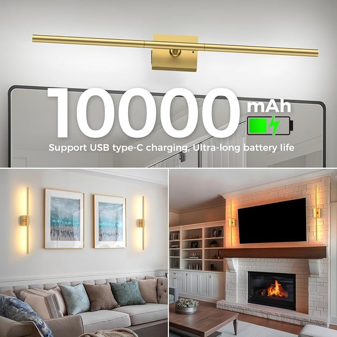 iThird 1 Pack Battery Operated Wall Sconce, Wireless Battery Wall Sconce with Remote Control, Gold LED Rechargeable Sconces, 31.5 Inch Modern Cordless Wall Lights for Bedroom Living Room Picture