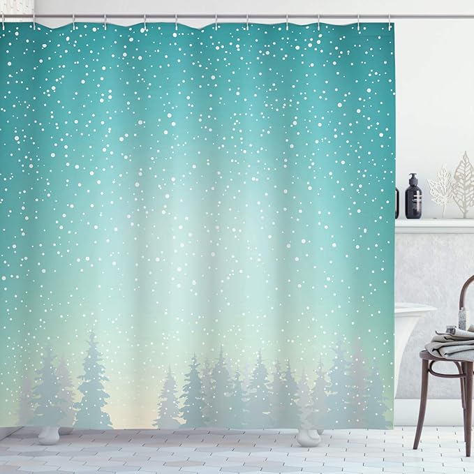 Ambesonne Winter Shower Curtain, Snow Falls on The Spruce Forest Fir Trees Seasonal Nature Woods ICY Cold Xmas, Cloth Fabric Bathroom Decor Set with Hooks, 69" W x 70" L, Turquoise White