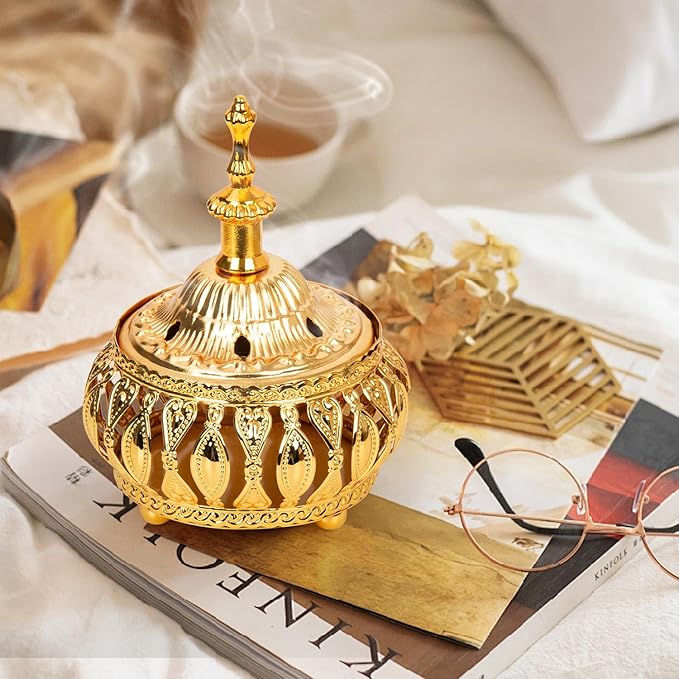 Golden Incense Holder, Frankincense Charcoal Incense Resin Stand, Bakhoor Incense Burner, Ideal for Aromatherapy Yoga Spa, Arabian Vintage Home Christian Church Censer (Golden)