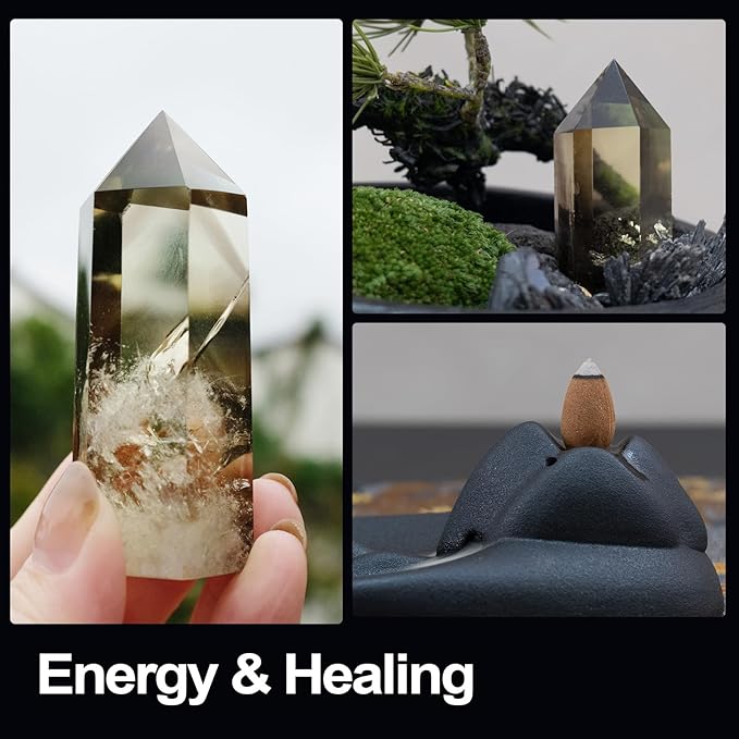 Pine Cloud Zen Décor Set – Feng Shui Bonsai Arrangement, Citrine & Black Tourmaline Crystals, Dehua Ceramic Incense Holder, Nishijin Silk Mat – Meditation & Healing Gift Set