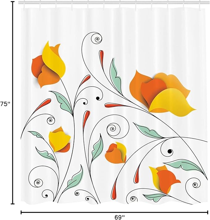 Ambesonne Floral Shower Curtain, Bouquet with Swirled Branches Romantic Paper Flowers Origami Autumn Blooms Image, Cloth Fabric Bathroom Decor Set with Hooks, 69" W x 75" L, Mint Orange