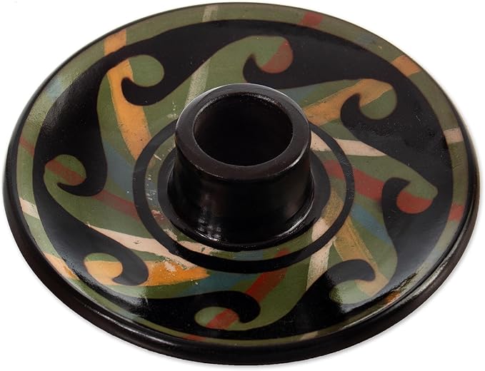 NOVICA Artisan Handmade Ceramic Incense Holder Wavy Patterned Round Green Peru 'Ancestral Waves'