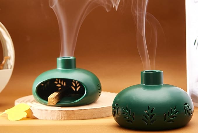 Incense Holder for Palo Santo Sticks Sage Bundles Cone Incense, Handcrafted Ceramic Incense Burner Holder with Chimney, Smudge Bowl for Spiritual Gift, Home Décor