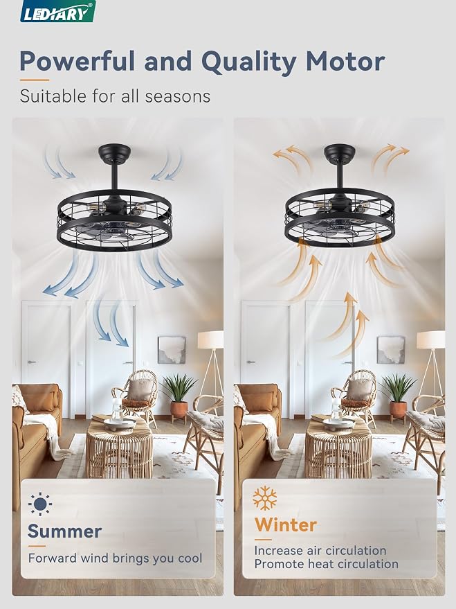 LEDIARY 20 inch Fandelier Caged Ceiling Fan with Light, Bladeless Ceiling Fan with Remote, Farmhouse Fan Ceiling Light Fixtures for Kitchen, Bedroom, Outdoor(6 Speed, Timing)-Black
