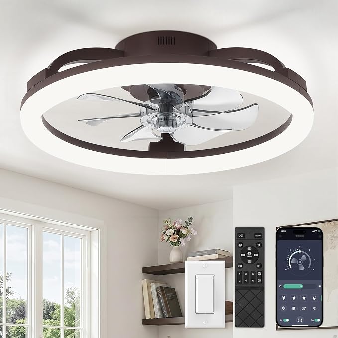 LEDIARY 20 Inch Low Profile Ceiling Fans with Lights and Remote, Dimmable Modern Fan Light(3000K-6000K), 6 Speed, Reversible, APP & Remote Control, Flush Mount Ceiling Fan for Bedroom, Brown