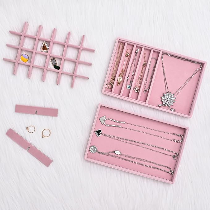 ProCase Stackable Jewelry Organizer Trays for Drawers, Jewelry Drawer Inserts Container Display Case Storage for Earring Necklace Rings Bracelet with Removable Dividers -Dustypink, 4 Layers