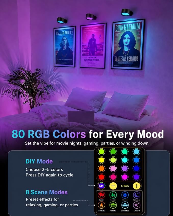 LED Wall Mounted Lights, Rechargeable Wall Sconces, 3 Color Temps, Remote & Touch, 360° Rotating and Dimmable for Bedroom, Bedside & Reading (Black-RGB, 1 Pack)