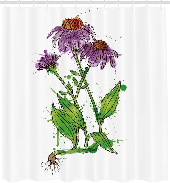 Ambesonne Coneflower Shower Curtain, Watercolor Style Inspired Pattern of Echinacea Flowers Paint Splashes, Cloth Fabric Bathroom Decor Set with Hooks, 69" W x 84" L, Purple Green White