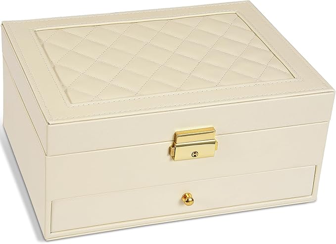 GUOER Jewelry Box for Women Girls, Two Layers Jewelry Organizer (Apricot) | Vintage Quilting Stitching PU Leather, Earrings Bracelets Rings Necklace Watches Storage Large Jewellery Holder Case Gifts