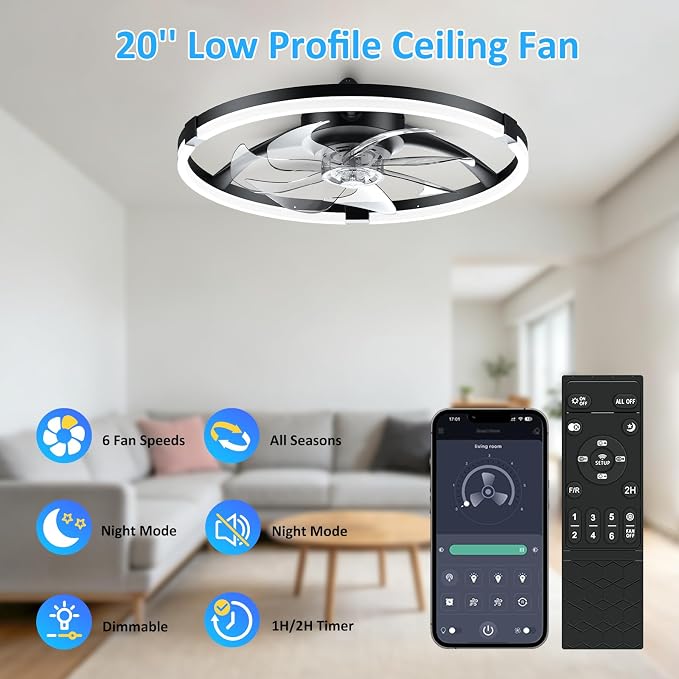 20'' Low Profile Ceiling Fan with Lights, Ceiling Fans with Lights and Remote, 3000-6500K Dimmable Modern Flush Mount LED Fan Lights, 6 Wind Speeds Ceiling Fans for Bedroom