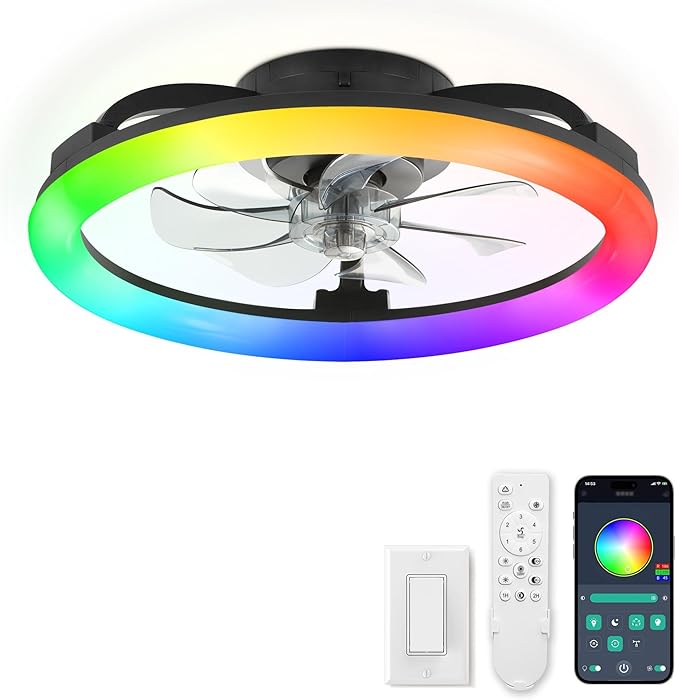 LEDIARY RGB Low Profile Ceiling Fans with Lights and Remote, 20 Inch Dimmable Modern Fan Light(3000K-6000K), 6 Speed, Reversible, APP & Remote Control, Flush Mount Ceiling Fan for Bedroom, Black