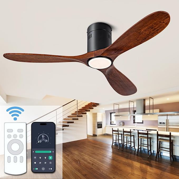 52” Ceiling Fan with Light with 6 Speed Remote/APP Control, Solid Wood Fan Blade, 3CCT Dimmable LED, Silent, Recessed Ceiling Fan for Bedroom, Hallway