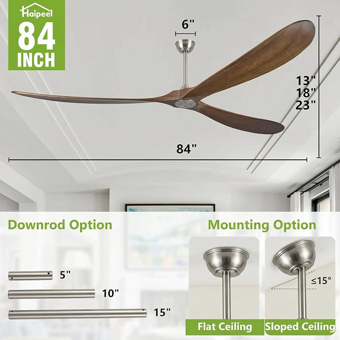 Haipeel Wood Ceiling Fans without Lights, 84 Inch Extra Large Ceiling Fan no Light with Remote, High CFM Indoor Outdoor Ceiling Fan no Light 3 Blade Propeller for Patio Farmhouse Garage, Silver&Walnut