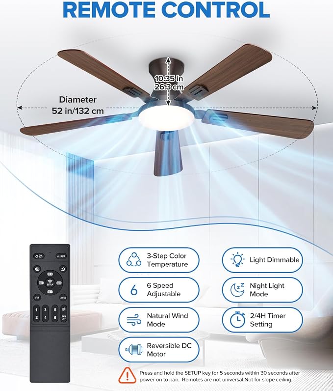 UME 52" Ceiling Fan with Lights & Remote, 6 Blades Low Profile Ceiling Fan, Quiet DC Motor, Natural Wind, 6 Speeds, 3CCT Dimmable 20W LED Modern Ceiling Fan for Bedroom, Living Room, Brown