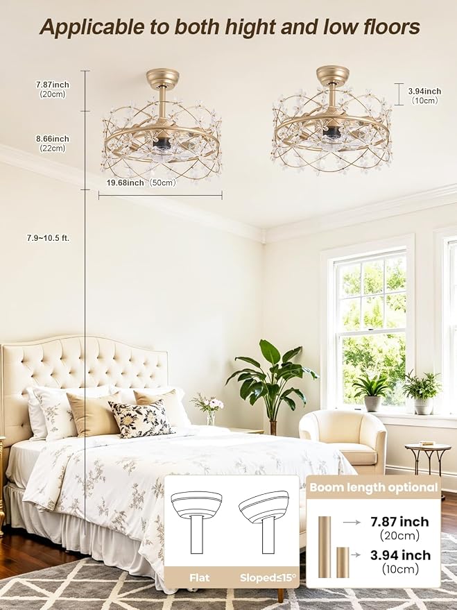 20" Gold Fandelier Ceiling Fans with Lights, Flower Chandelier Ceiling Fan | 6 Speeds, Reversible Motor, Timer, Remote,Vintage Gold Flower Caged, Quiet Fandelier For Girl's Bedroom, Nursery, Living Room